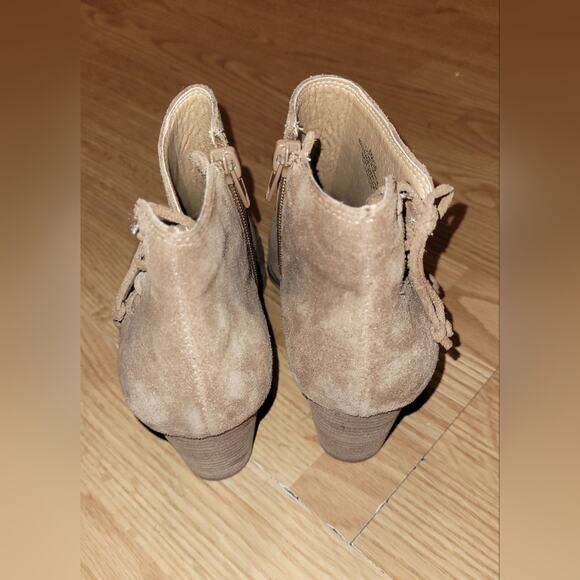 Lucky Brand Chestnut Brown Leather Open Toe Booties Size 6 Side Zip Lace Detail - Picture 3 of 9